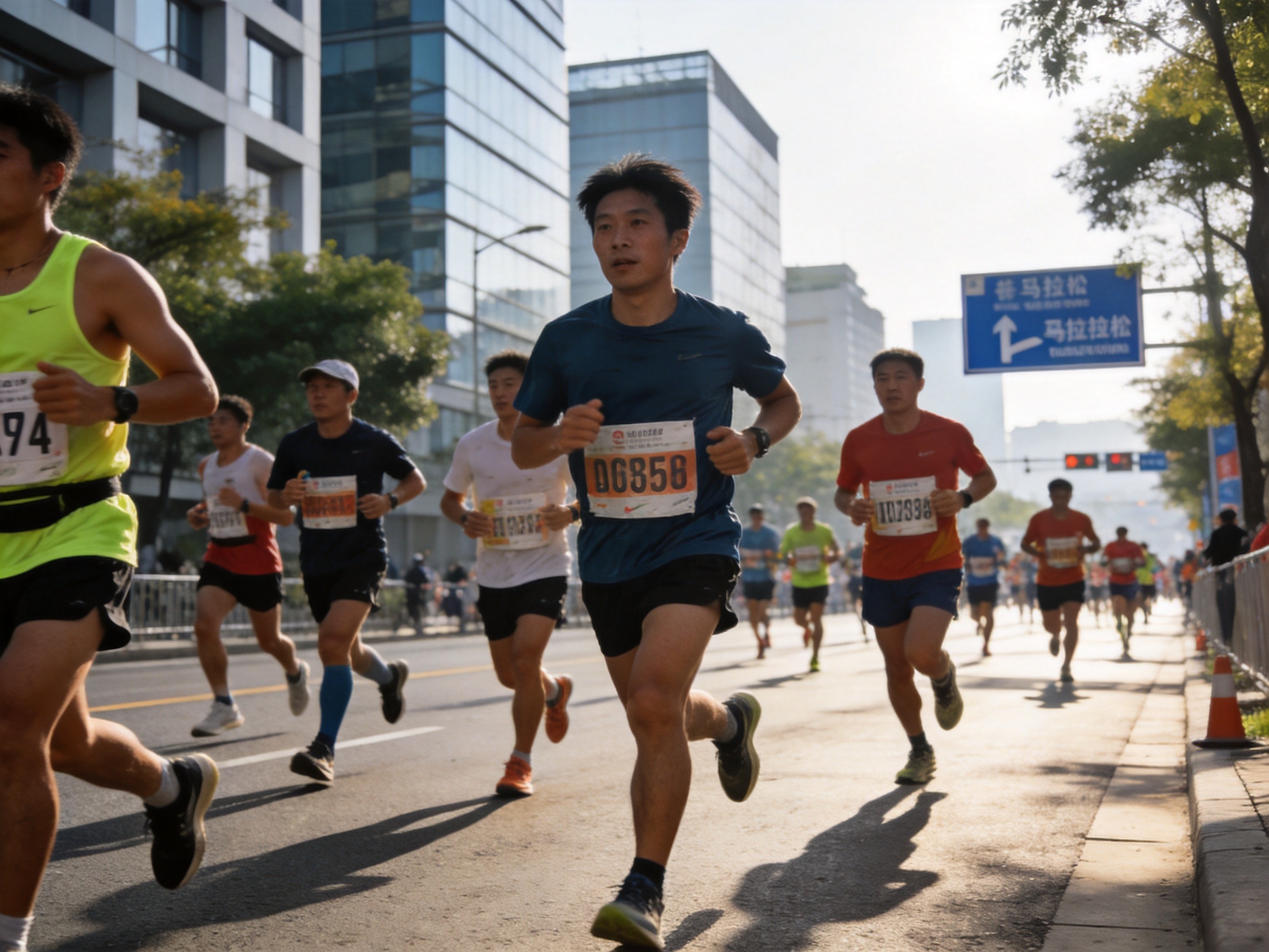全民健身跑步活动，参与者在城市街道上运动
